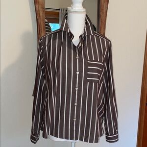 LOFT Brown and White Striped Button Down Shirt